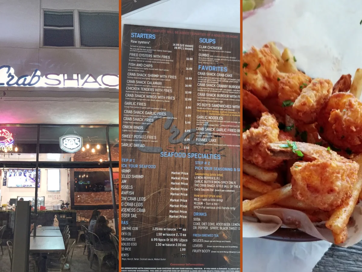 Outdoor seating beside a busy seafood spot.
