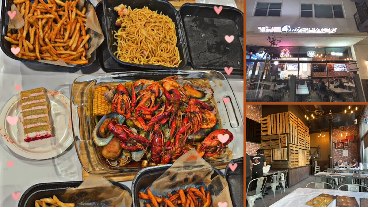 Outdoor seating beside a busy seafood spot.