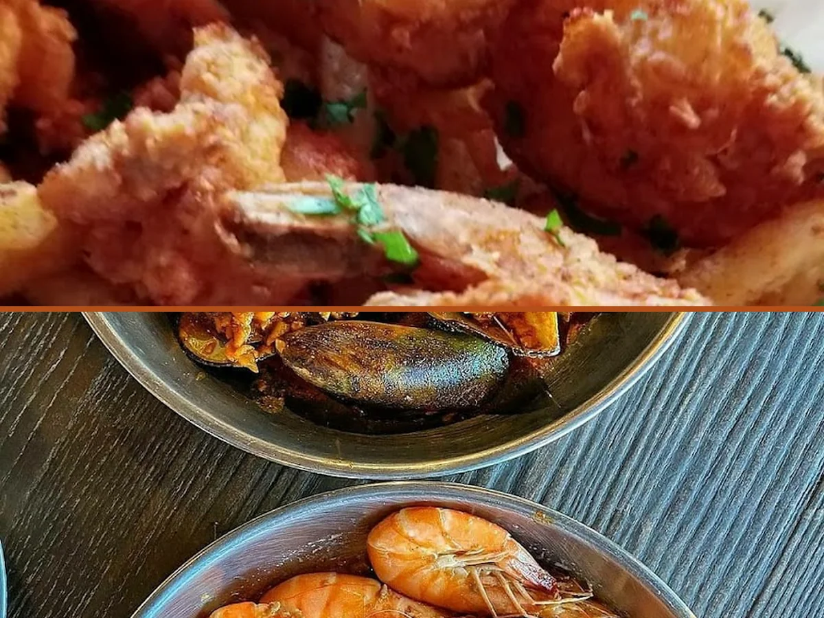 Seafood plates on a casual restaurant table.