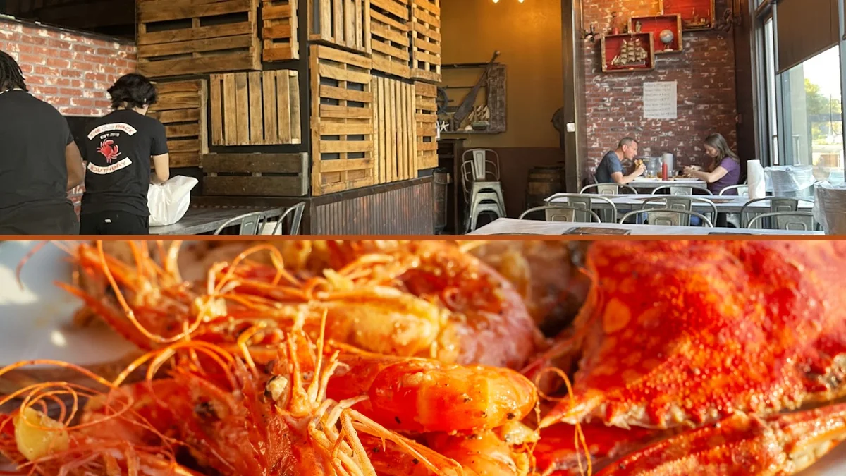 Seafood plates on a casual restaurant table.