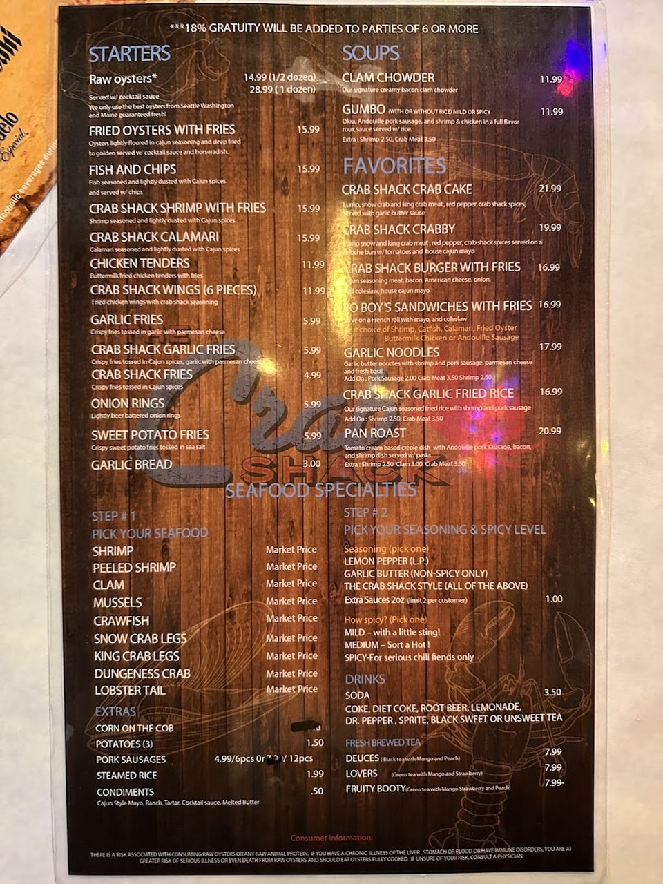 Seafood menu featuring gumbo and clam chowder.